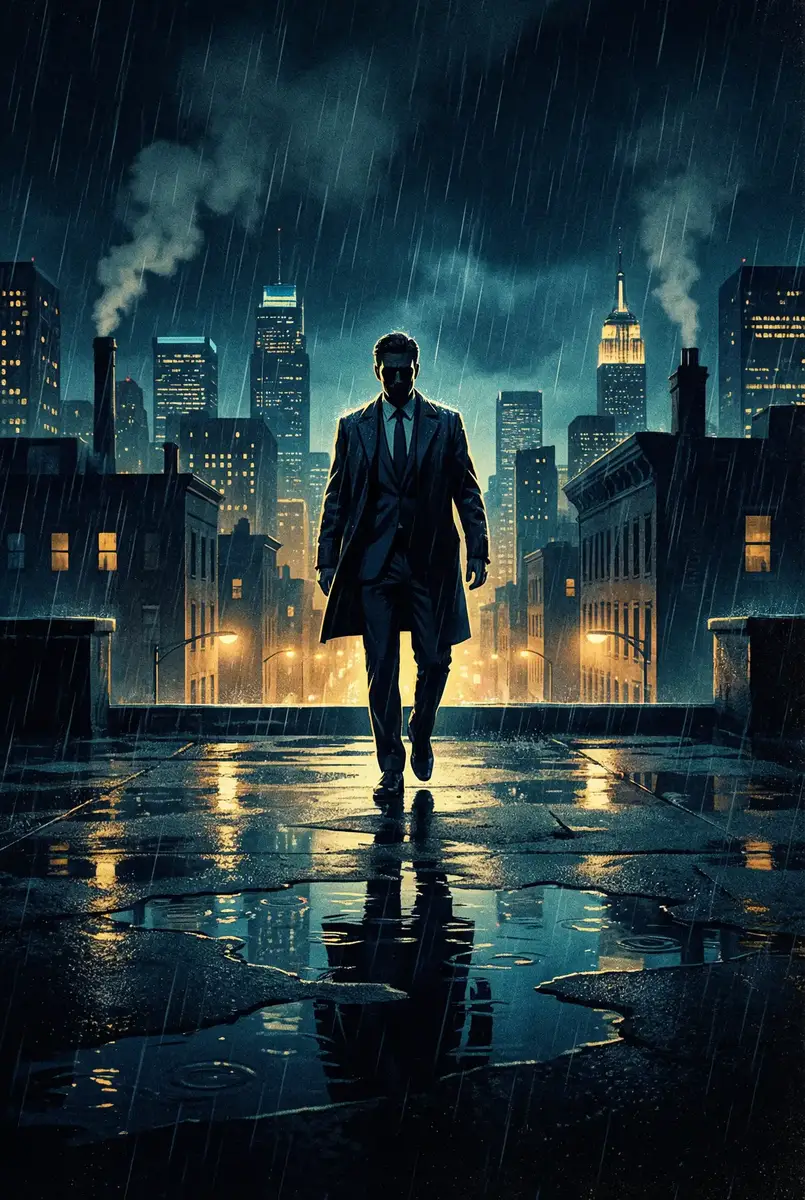 当代爱情 出品影片《雨夜独行者》海报，雨中城市屋顶男性剪影